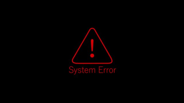 Red warning triangle icon with exclamation mark and System Error text animation on a black background, representing a computer system alert.