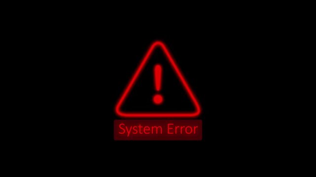 Glowing red warning triangle icon with System Error text animation on a black background, showing a digital alert notification.