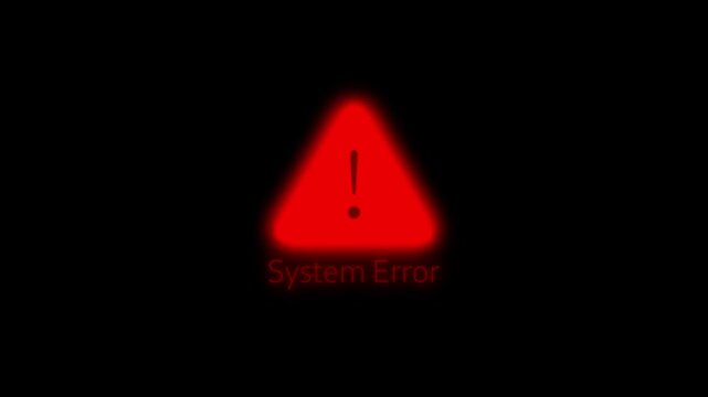 ed warning triangle with System Error notification animation on a black background, showing a digital system failure alert concept.