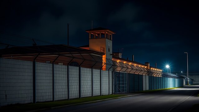 Prison exterior with high walls, barbed wire, and guard tower under dramatic lighting.