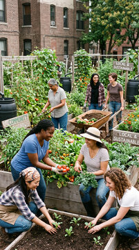 Women participating in a community urban gardening initiative, celebrating equality through collaboration and sustainability, Women's Equality Day, sustainability, community, healthy living