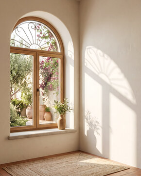 Minimalist interior with arched wooden window and Mediterranean garden view