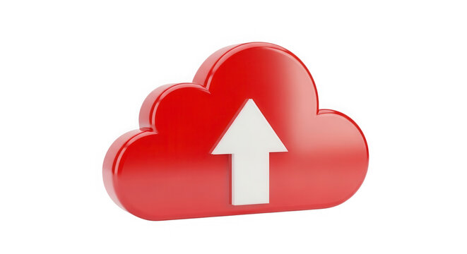 Shiny red cloud icon with a white upload arrow symbol isolated on transparent background