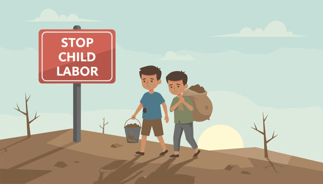 Two children carrying heavy buckets and sacks in a barren landscape under a sign that says Stop Child Labor to raise awareness.
