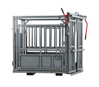 Industrial livestock squeeze chute for cattle handling isolated on transparent background