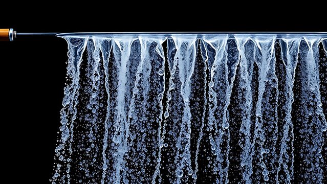 A waterski's edge cutting through water, creating a curtain of droplets.