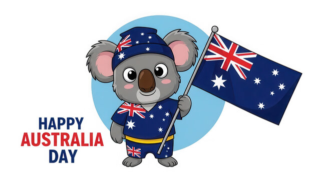 Cute koala bear holding an Australian flag for Happy Australia Day isolated on transparent background