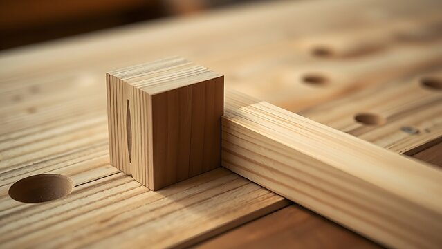 A square mortise and tenon about to join on a wooden workbench.