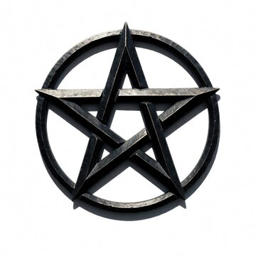 Dark metal pentagram symbol isolated on white background. Five-pointed star intricately designed with circular border, casting subtle shadow. Occult emblem signifies magic, protection, representing
