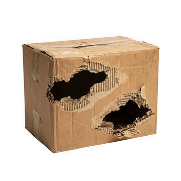 Damaged cardboard box with holes and torn sides isolated on transparent background