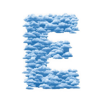 Letter E shape made of fluffy white clouds in the blue sky isolated on transparent background