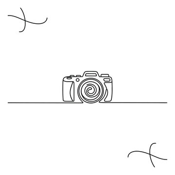 L&iacute;nea minimalista de una c&aacute;mara digital con remolinos abstractos