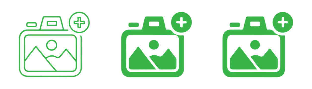 Set of green camera icons with plus sign added for website image galleries and application menus.