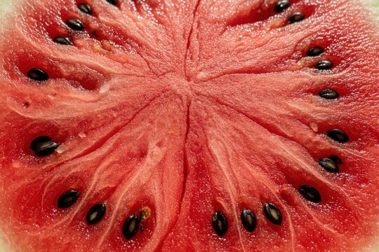 Close up view of ripe watermelon texture. Juicy red pulp with many small black seeds spread across surface. Fresh summer fruit slice provides sweet refreshment, natural healthy food pattern for