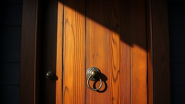 Weathered wooden door with peephole and brass knocker.