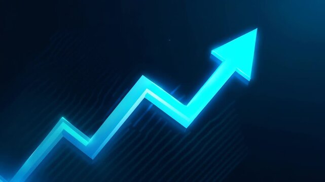 A stock market graph with an upward trend on a dark blue background, in a flat illustration style, with glowing lines and a sense of technology.