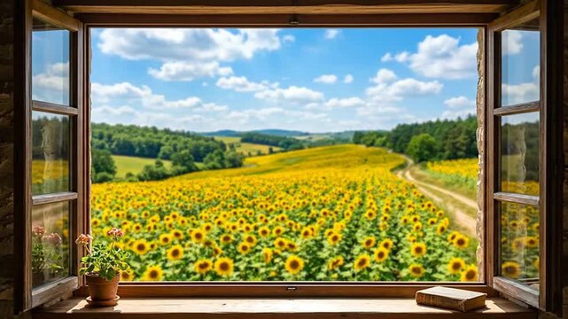 A view of a sunflower field through an open wooden window