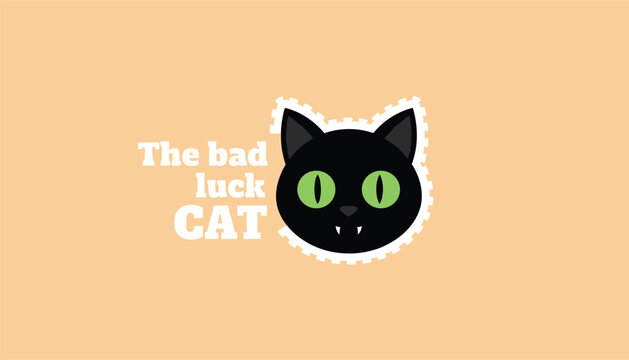 The bad luck cat logo design featuring a black cat face with green eyes and sharp teeth on a soft orange background with a stamp edge.