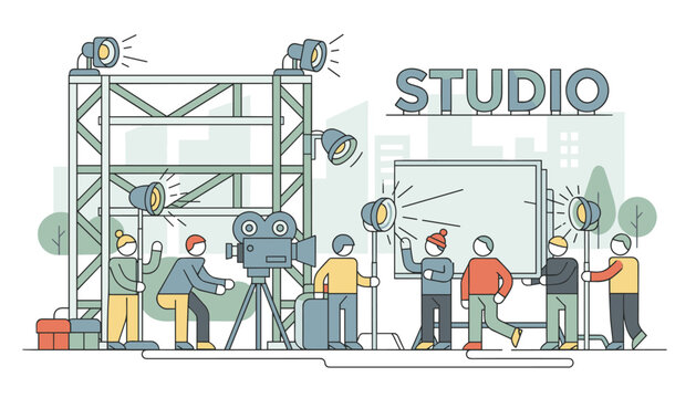 Film production studio setting with crew members, camera equipment, lights, and staging, capturing the busy creative process of filmmaking.