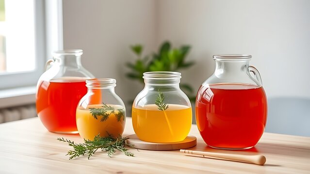 Round demijohns with colorful liquids, herbs and glass stirrer, preparation and craft concept
