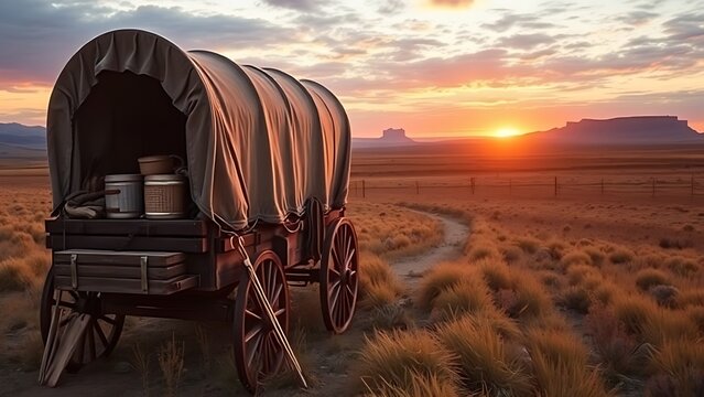 Covered wagon loaded with possessions and farming tools before untamed land at warm sunset.