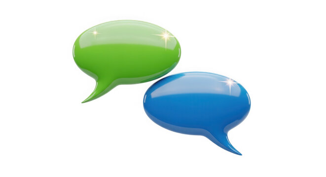 Glossy green and blue speech bubbles for communication and chat isolated on transparent background