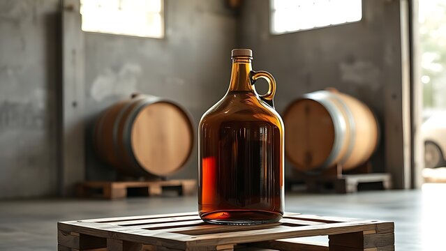 Amber glass carboy on wooden pallet in depot, artisan brewing and storage concept