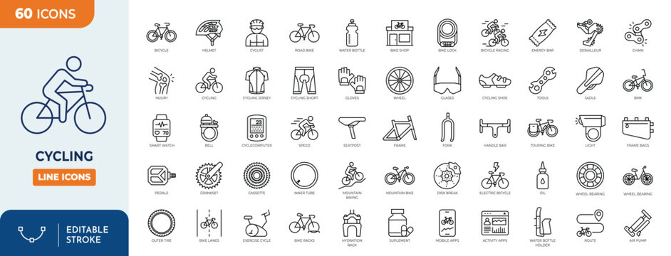 Cycling line editable icon set. Contain icons related to Cycling, Bicycle, Ride, Bike part, and more. Editable stroke. Vector illustration