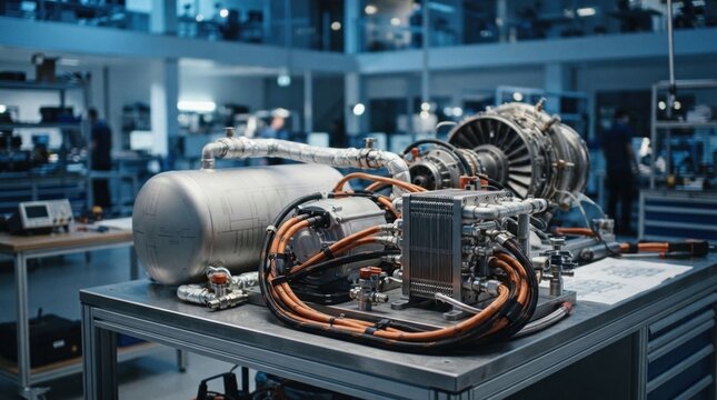 Hydrogen hybrid-electric aviation components with fuel cell stack, electric motor, cryogenic tank, turbine housing, and braided cables.