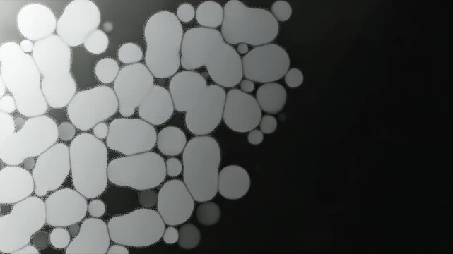 Minimalistic abstract pattern featuring interconnected white cell-like shapes on a dark background. Ideal for backgrounds, science, technology, or modern design concepts.