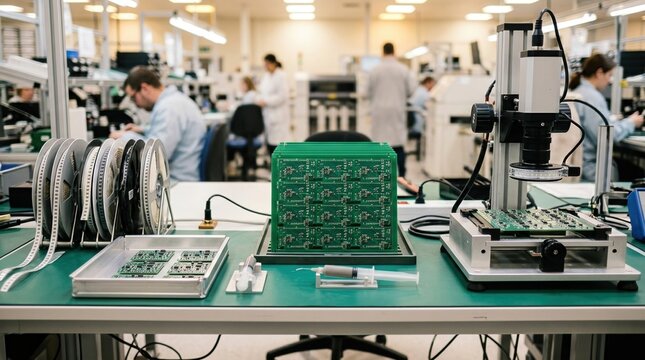 Electronics manufacturing services with pcb panels, smt component reels, reflow tray, solder paste syringe, and inspection fixture on an anti static bench.