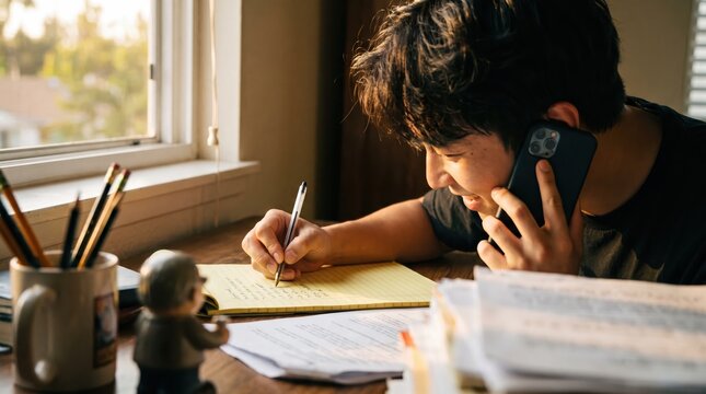 Generative AI, Young Asian man writing notes while talking on phone by window