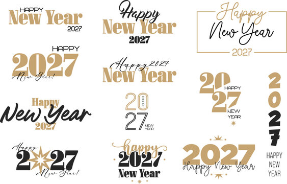 Happy New Year 2027 Typography and Logo Set in Gold and Black