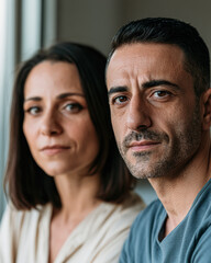 Fototapeta premium A close-up of a serious man and a woman indoors, both looking directly at the camera with neutral expressions and soft natural lighting.