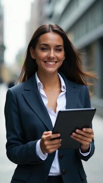 Portrait of successful woman using digital tablet in urban background. Business people concept.