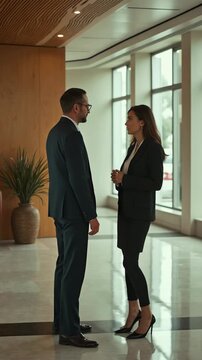 Two business people discussing in office lobby fashion editorial shot, high-fashion imagery, avant-garde aesthetics, editorial storytelling, conveying fashion trends and concepts, art.