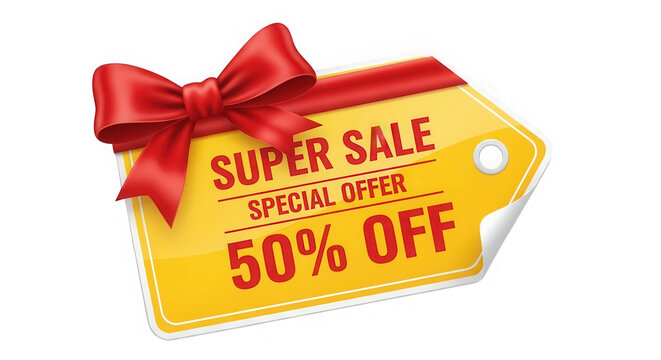 Yellow sale price tag with a red ribbon for special promotion event isolated on transparent background