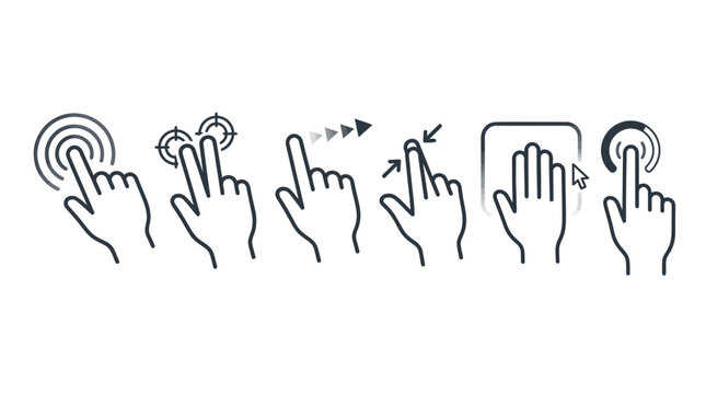Collection of vector line icons showcasing essential touch screen gestures like tap, swipe, pinch, and hold for digital UI design and mobile application interaction
