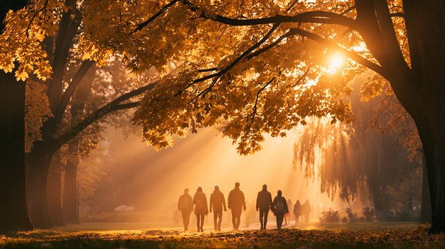 A group of people strolls along a sunlit park path during autumn surrounded by golden foliage and warm atmospheric light filtering through the trees