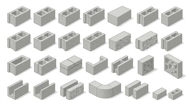 Professional concrete masonry units, decorative breeze blocks and lintel shapes isometric vector set