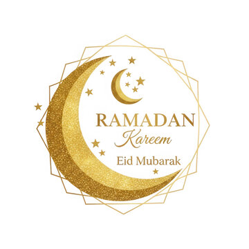 Golden Ramadan Kareem badge with crescent moon and sparkling stars isolated on transparent background