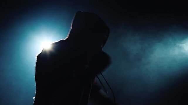 Silhouette of focused athlete practicing shadow boxing against dark smoky background with dramatic backlighting.