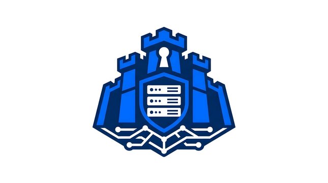 Blue digital fortress logo with shield and circuit design