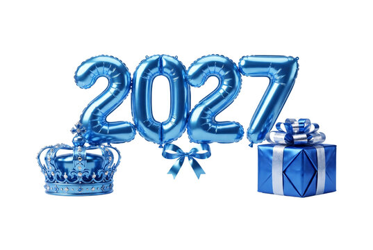 Metallic blue 2027 foil balloon numbers alongside a matching blue crown and wrapped gift box with a silver ribbon for New Year celebration.