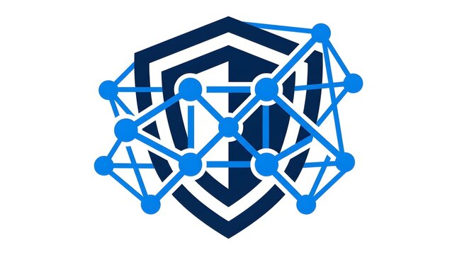 Abstract shield logo with network connections in blue and white