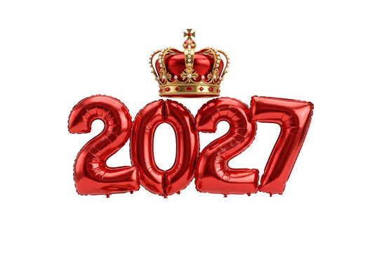 Red metallic 2027 foil balloon numbers crowned with an ornate golden and red royal crown decorated with gemstones for luxury New Year celebrations.
