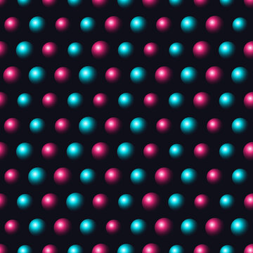 Seamless retro neon 3D sphere grid pattern background with glowing cyan and pink dots