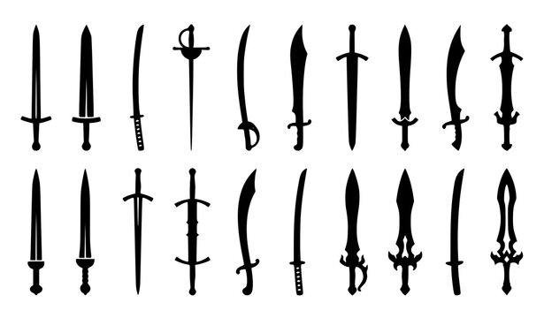 Medieval and Fantasy Sword Silhouette Vector Icon Pack with Katana, Rapier, Scimitar, Sabers, and Daggers for Game UI and Historic Graphic Designs