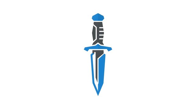 Minimalist blue and gray sword logo on white background