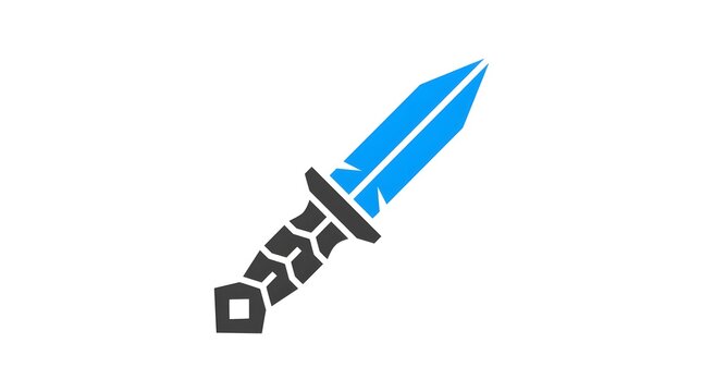 Minimalist blue and black dagger icon on white background